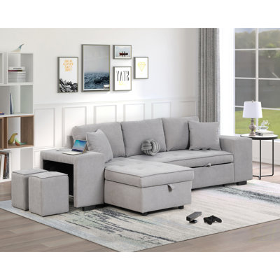 Canapé modulaire réversible moderne en L à 3 places, canapé-lit escamotable avec méridienne de rangement et 2 tabourets pour ensemble de salon modulaire