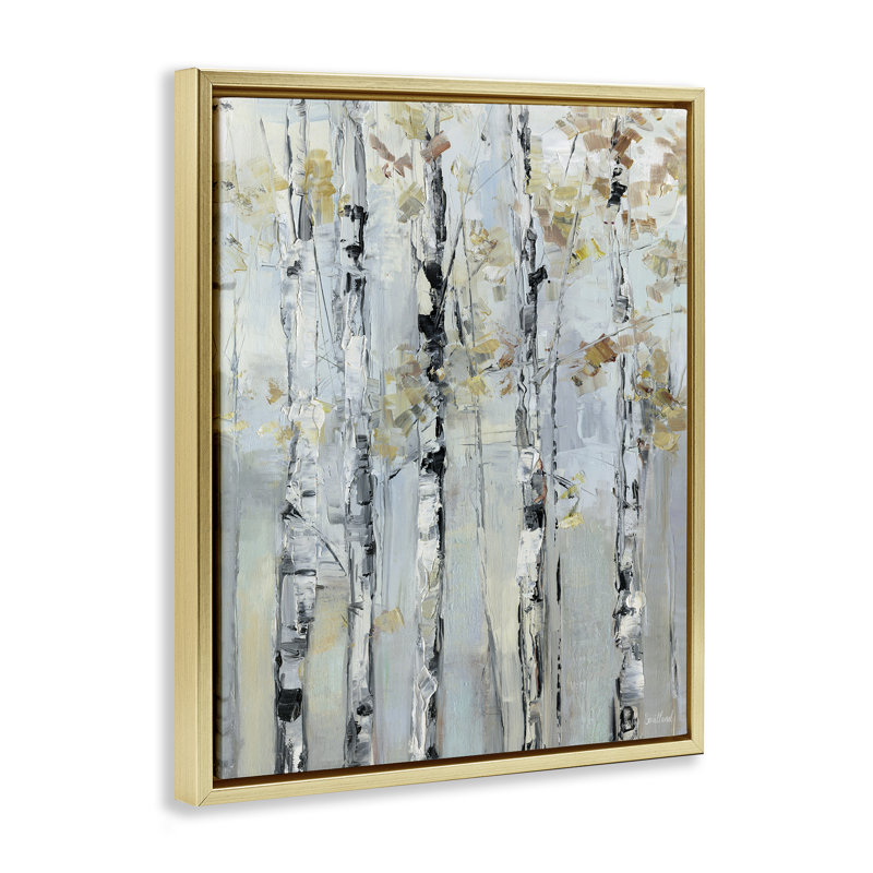 Abstrait de bouleau d'automne, Cadre flottant métallique doré, H 21 po x l 17 po