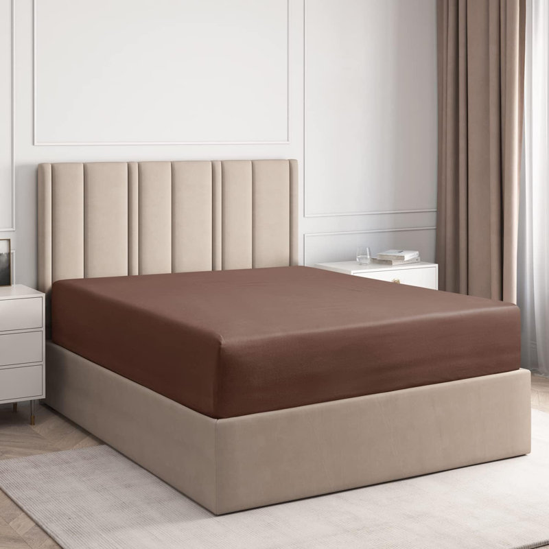 Fitted Sheet Only, Ultra Soft Cooling Bed Sheet, Breathable Hotel Luxury Bedding, Deep Pocket 8–16 Inch Mattress Fit, Brown