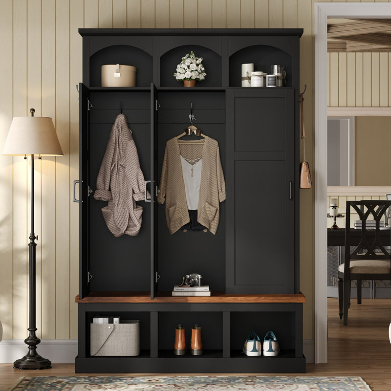 Arbre d'entrée en bois aggloméré noir avec banc et rangement 15,7 po x 49,2 po x 74,4 po
