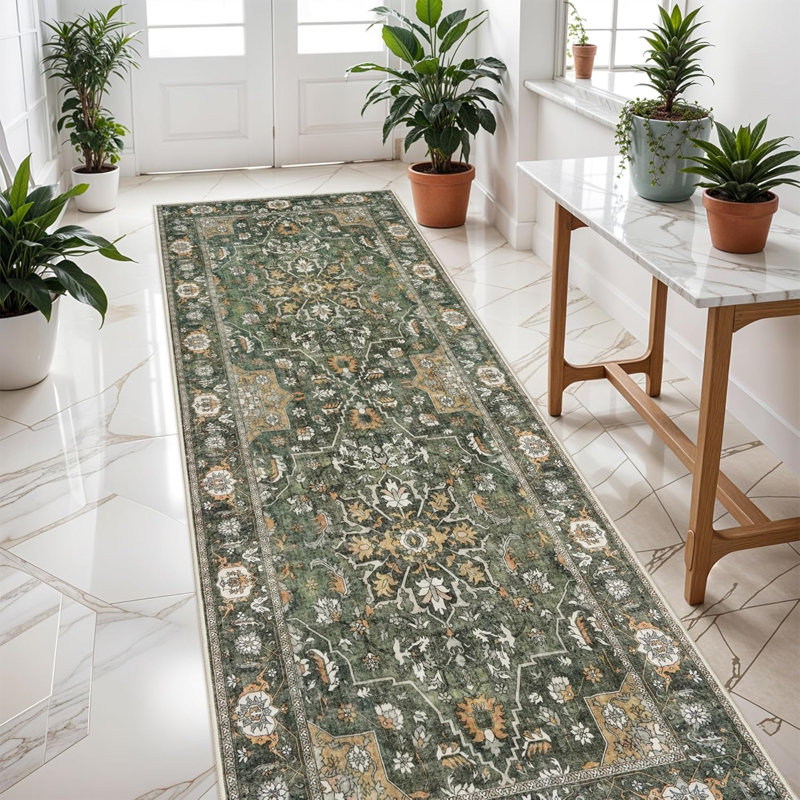 Washable Hallway Runner Rug - Kitchen Rugs Ultra Soft Entryway Rug Runner Vintage Floral Floor Mat Non-Slip Low Pile Indoor Farmhouse Carpet for Bathroom Living Room Bedroom (Green)