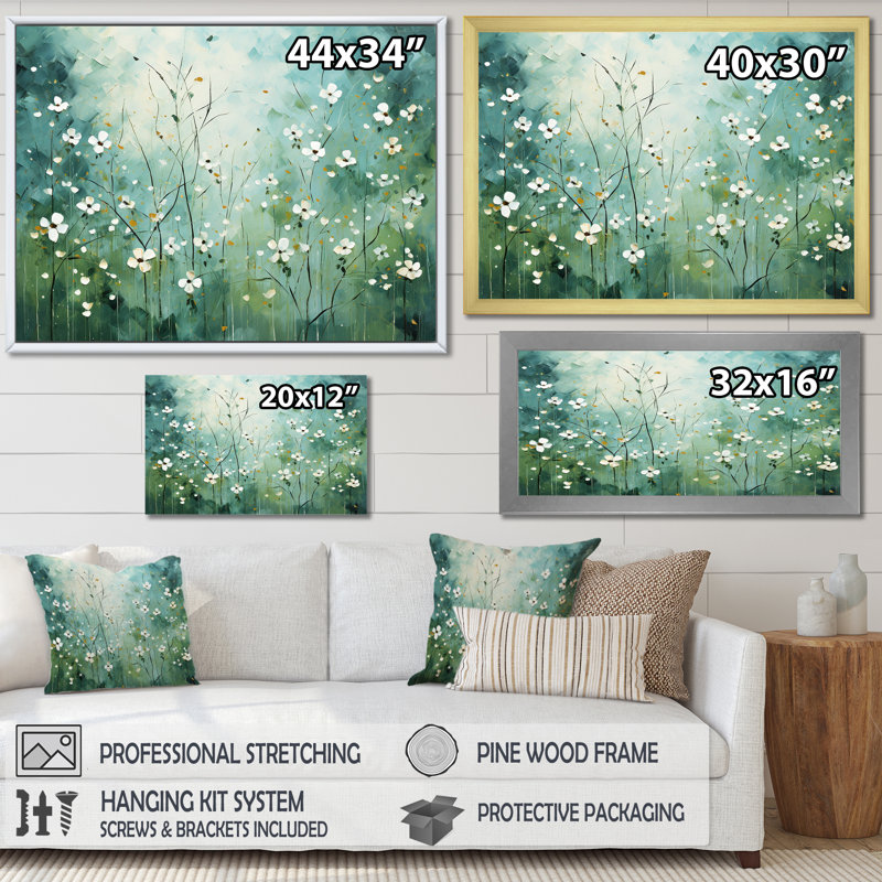 «White and Green Herbs Symphony I», art mural sur toile florale, Cadre flottant doré, H 16 po x l 32 po x P 1 po