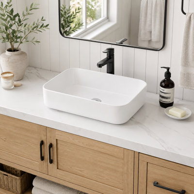20" L x 15" W Rectangular Ceramic Vessel Bathroom Sink, White Above-Counter Vanity Basin with Rounded Corners