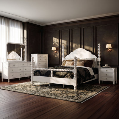 Coulson 5-Piece Bedroom Set: King Poster Bed with 3 Interchangeable Post Heights, Dresser, Mirror, Nightstand, and Chest, White Finish