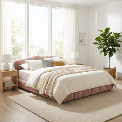 King Size Chenille Upholstered Platform Bed Frame, Thick Curved Headboard & Wrapped Footboard, Low Profile Floor Bed, No Box Spring Required, Soft Padded Bedroom Furniture