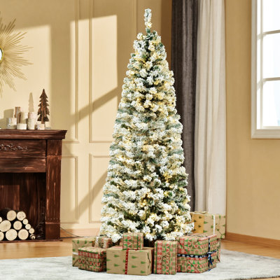 Pre-Lit Snow-Flocked Slim Douglas Fir Artificial Christmas Tree With Realistic Branches, 250 LED Lights And 462 Tips