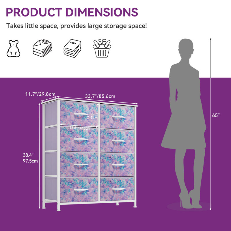 Kathiria 8 Drawer Double Fabric Dresser With Wood Grain Prints, Purple/White