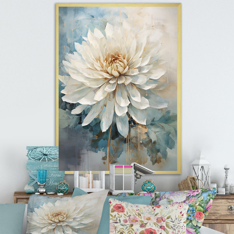 Simple dahlia beige et bleu III - imprimé, Cadre doré simple, H 32 po x l 16 po x P 1 po