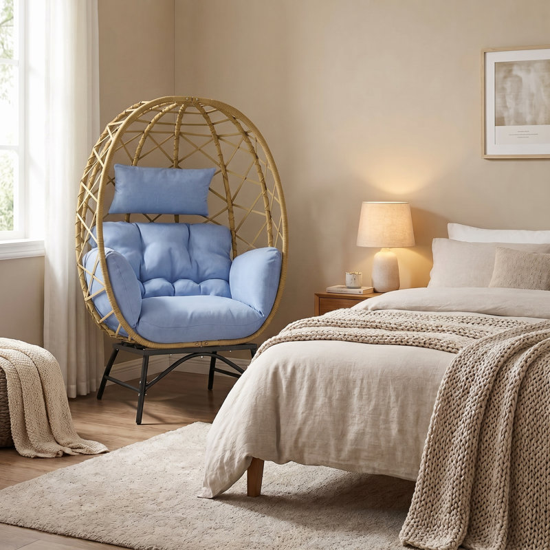 Fauteuil d'extérieur en osier avec coussin extensible Solvane, Bleu pâle