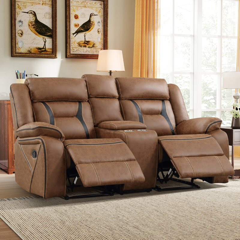 Chelliah Fordwich 75.2" Wide Modern Soft Upholstered Multiple Cushion Manual Reclining Loveseat With Console, Brown