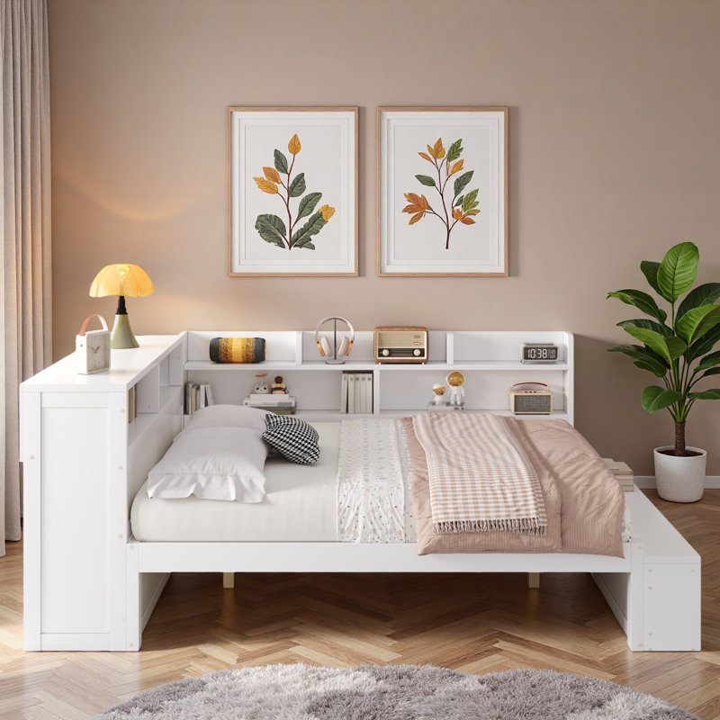 L-shaped Daybed With Storage Cabinets, Shoe Cabinet And Usb Ports, White
