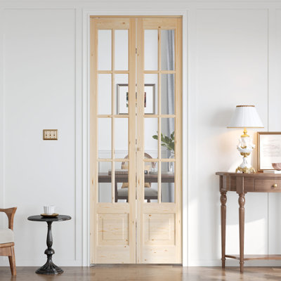 8-Lite Glass And Solid Wood Bi-Fold Door With Installation Hardware Kit