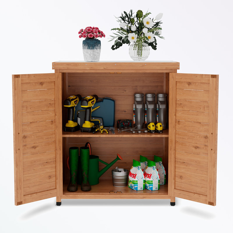 Banc d'extérieur avec armoire de rangement et table de travail en métal, Marron clair