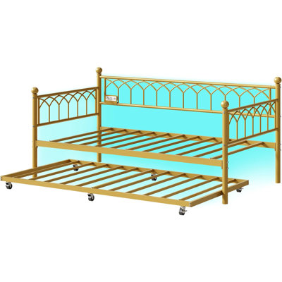 Twin Daybed With Trundle, Day Bed With Charging Station & LED Lights, With Pull Out Trundle For Living Room, Bedroom, Apartment And Small Spaces, Gold by Mercer41