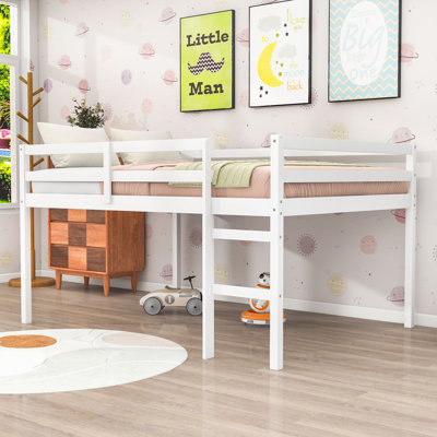 Lit mezzanine double en bois avec rangement spacieux sous le lit et échelle