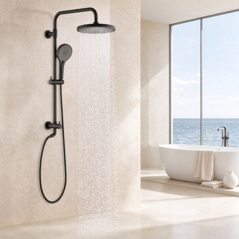 Barre de douche murale ronde à 1 jet avec douchette à main, débit de 1,8 GPM, noir mat