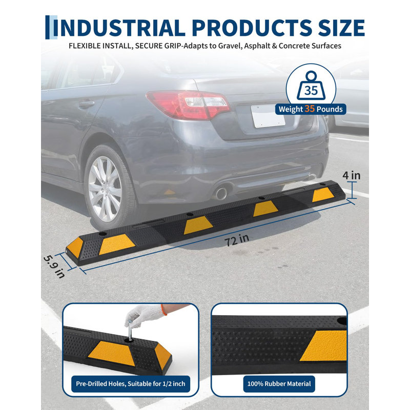 Bordure de stationnement en caoutchouc robuste de 183 cm (72 pouces) avec bandes réfléchissantes – Butées de roues automobiles de qualité supérieure de 1,83 m (6 pieds) pour garage, entrée et stationnement