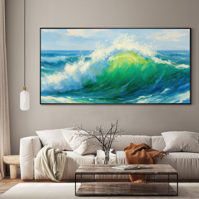 Très grande impression d'art mural vague océanique - impression vibrante de paysage marin bleu et vert pour le salon ou la chambre à coucher, très grande impression murale encadrée (assemblage requis)