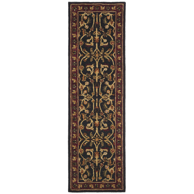 Tapis oriental en laine noir, rouge, vert et or fabriqué et touffeté à la main Cranmore, Tapis de couloir 2 pi 3 po x 14 pi