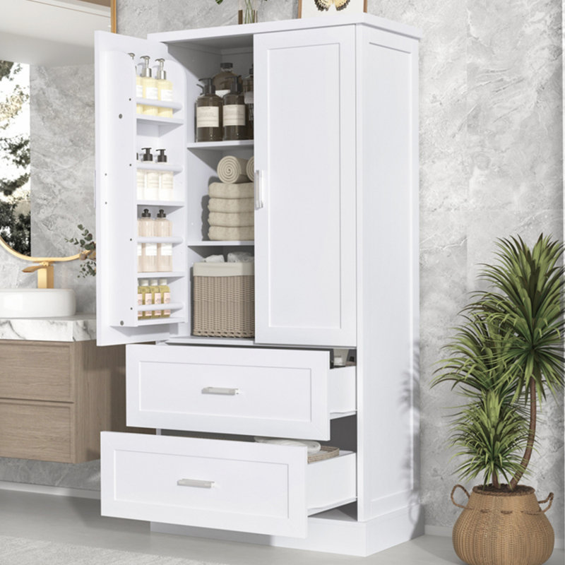 Tall Bathroom Storage Cabinet with Two Doors and Drawers, White