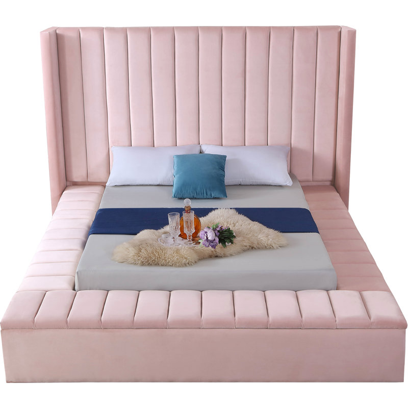 Rick Upholstered Wingback Bed, King, Pink Velvet