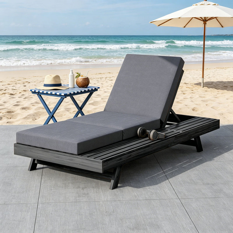 Lounge Chaise Set, Space Available On One Side, Acacia Solid Wood With Lounge Cushion (Triple Fold), Dark Gray, Black