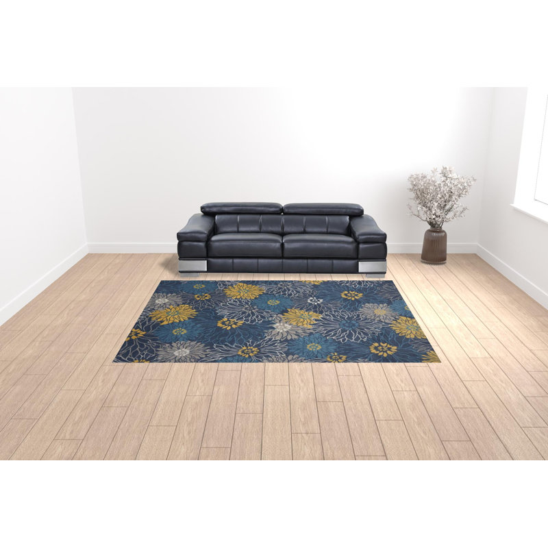 Tapis floral bleu marine 9 pi x 12 pi tissé à la machine