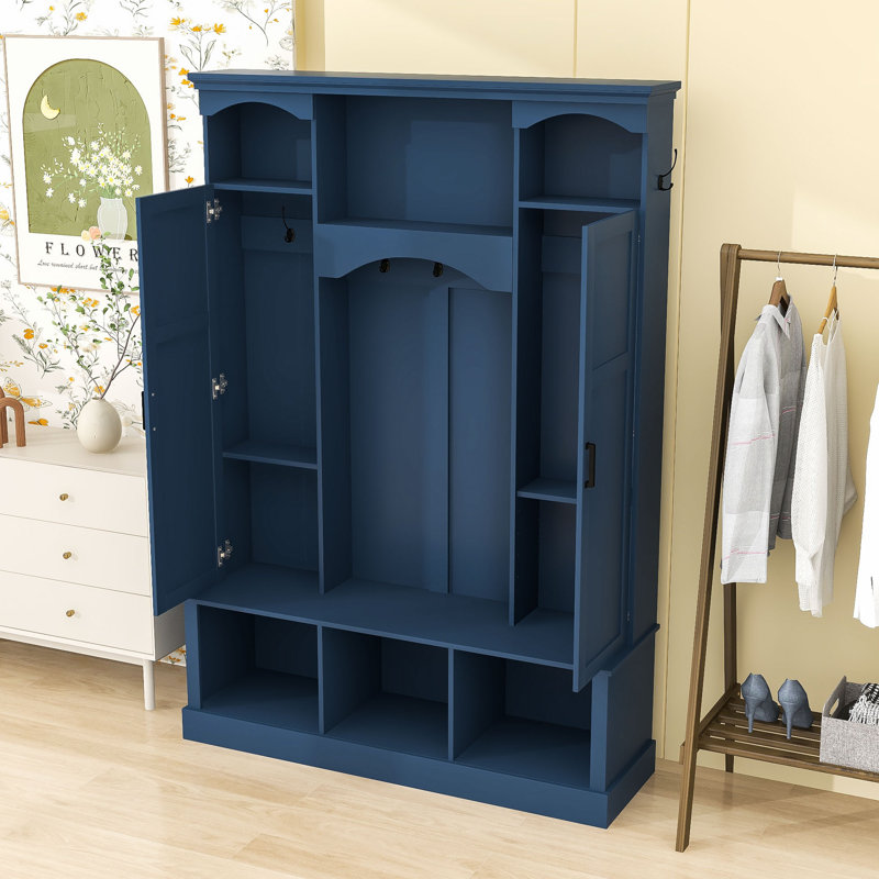 Hall Tree with Arched Design, Storage Bench, Side Cabinets and Hooks, Blue