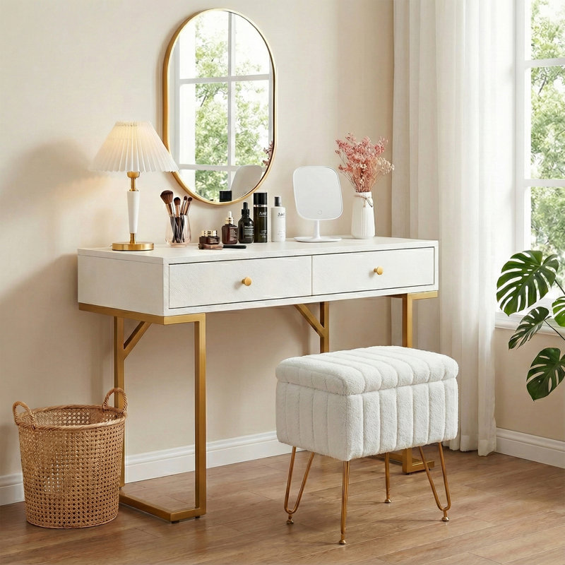 Modern Velvet Storage Vanity Stool Cozy Faux Fur Cushioned Accent Chair White, White