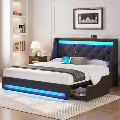 Komor Upholstered Storage Bed with Charging Station and LED Lights