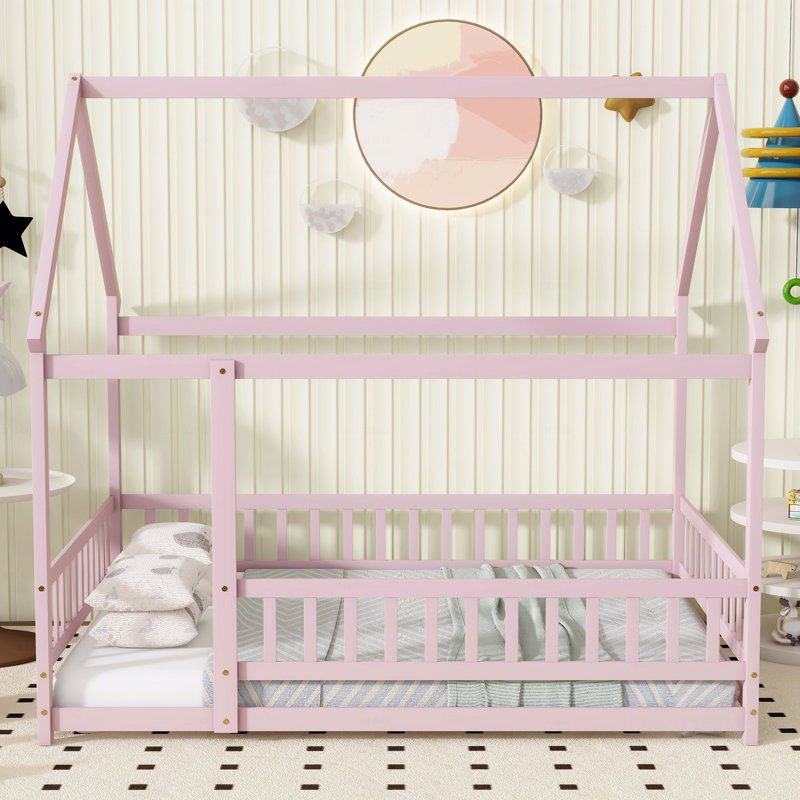 Full Size House Floor Wooden Frame Materialen Bed Frame With Roof Frame, Safety Guardrails, Full, Pink