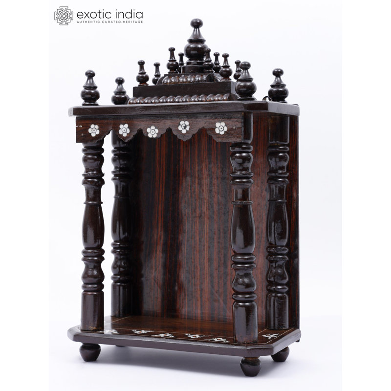 Wall-Mounted Wooden Puja Temple with Inlay, 18-Inch Traditional Home Shrine