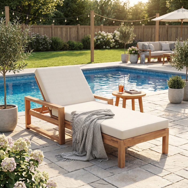 Outdoor Lounge Chairs, Acacia Wood 5-Position Patio Chaise Lounge with Cushion & Adjustable Backrest, Pool Lounge Chairs for Backyard, Lawn