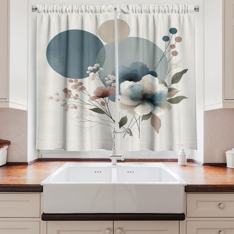 Blue Grey and Blush Floral Polyester Kitchen Curtains