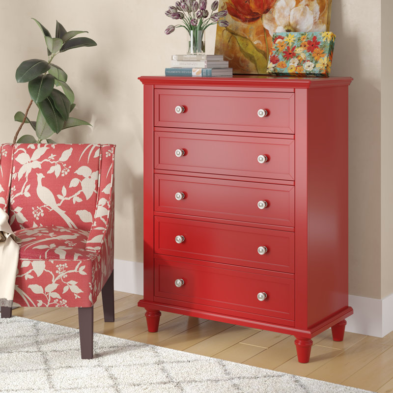 Commode verticale en bois manufacturé à 5 tiroirs avec glissières en métal Jazmond , Rouge samba
