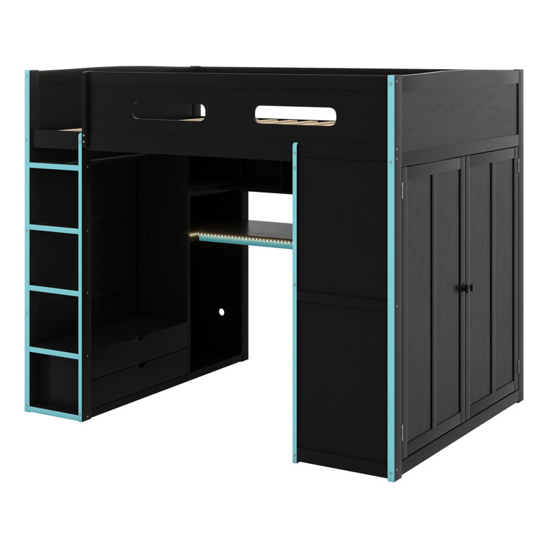Wood Loft Bed With Desk,Wardrobe,Ample Storage Space,And RGB LED Light, Cloud Blue