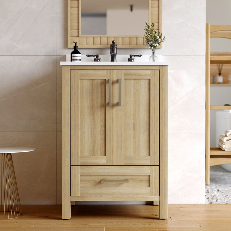 Meuble-lavabo 24 po avec comptoir en pierre reconstituée blanche, dosseret et lavabo en céramique Bombay, Chêne