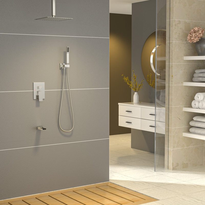 Système de douche à pluie avec douchette à main 12 "avec douchette et bec de baignoire, Nickel brossé