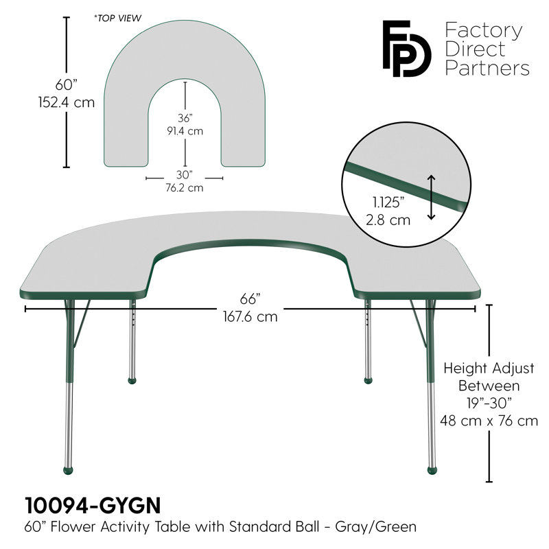 Table d'activité 60 "x 66" en forme de T avec pieds réglables, Gris/vert, Roulement à bille standard, Noir, noir, noir, noir