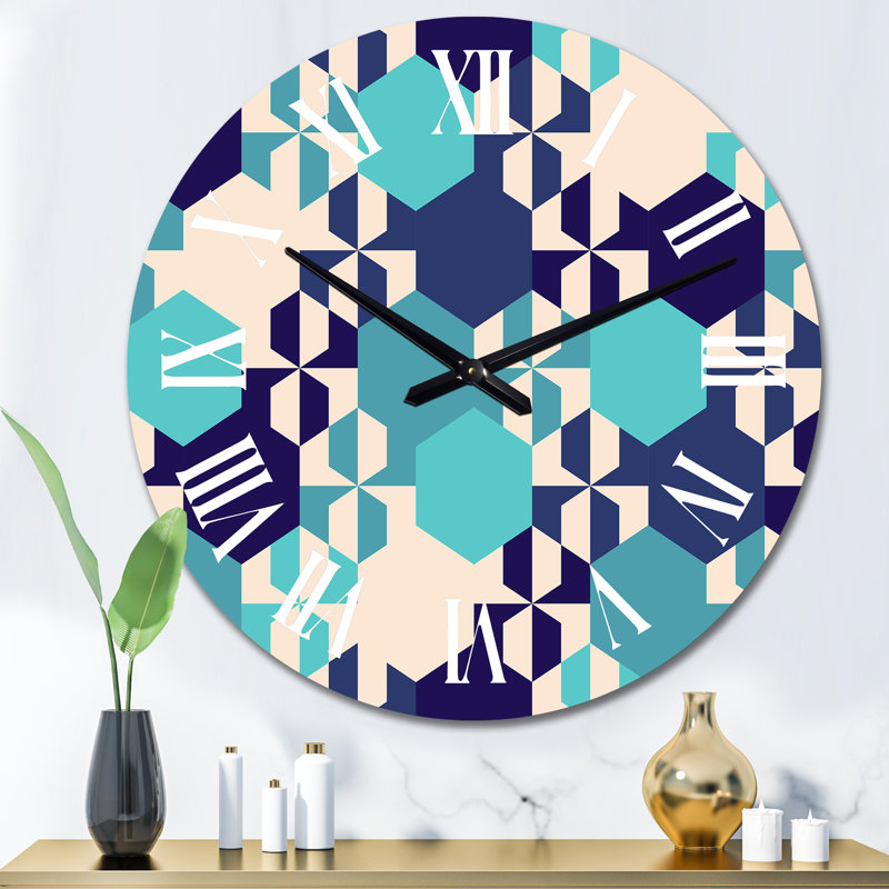 Horloge murale rétro à motif géométrique clair et bleu foncé, Surdimensionné