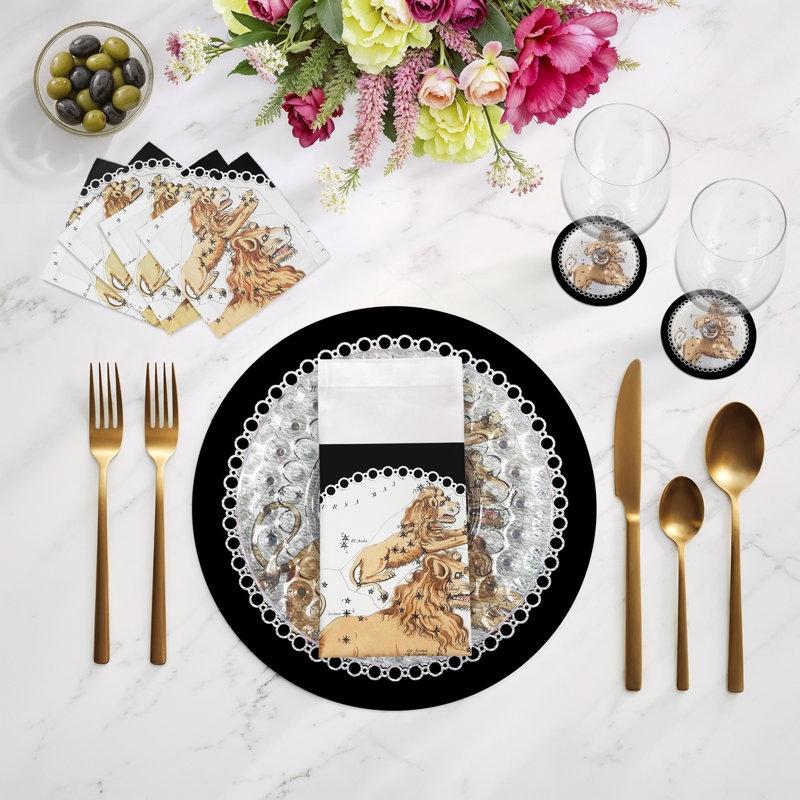 Zodiac Leo Vegan Leather Round Pebble Placemat, Black