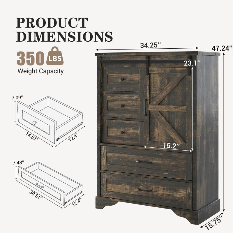 Farmhouse 47" Tall 5 Drawer Dresser Storage Cabinet Chest With Sliding Barn Door & Shelf, Brown