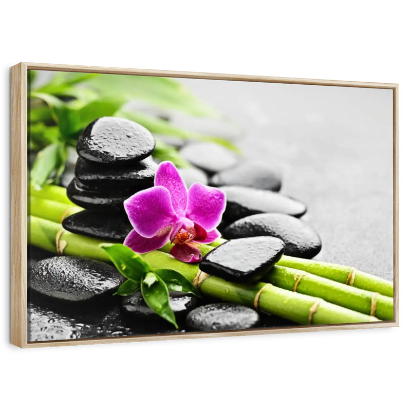 Pierres de basalte et orchidée, Cadre flottant en bois naturel, 46 po x 31 po
