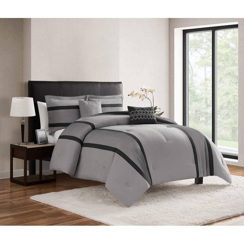 Ensemble d'édredon plissé Hamden, Noir / gris, Édredon simple + 3 pièces supplémentaires