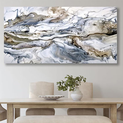 Abstrait, art mural sur toile liquide, brun et blanc, esthétique, gris, bleu, peinture, encre moderne à l'encre pastel, art mural pour salon, chambre, bureau à domicile, décoration, 24 po x 48 po
