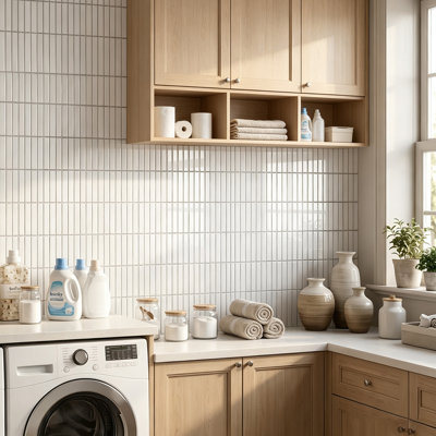 11.8" × 11.8" White Glossy Linear Mosaic Peel and Stick Backsplash Tile, Waterproof Self-Adhesive PVC Wall Tile for Kitchen & Bathroom, 2 mm Thick, Covers 9.7 sq. ft.