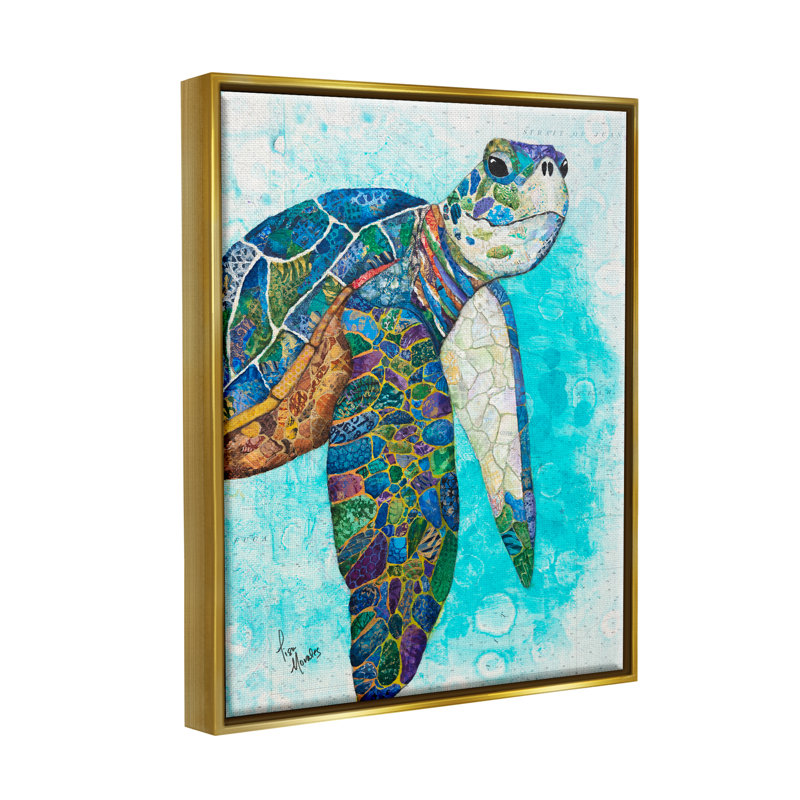 Bold Aquatic Sea Turtle Collage Painting with Gold Frame