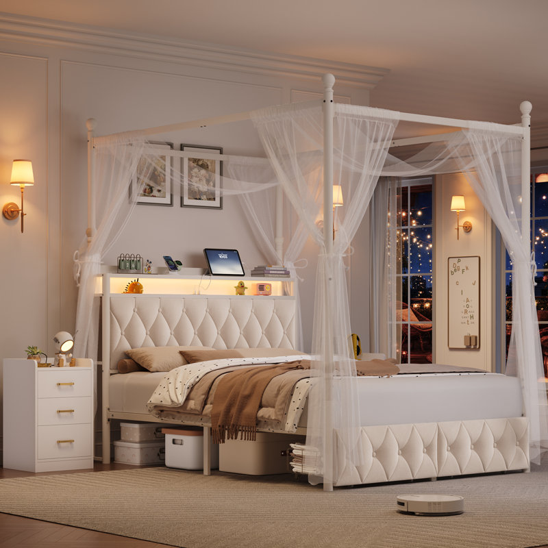 Ensemble de chambre à coucher pour enfants: cadre de lit à baldaquin à DEL avec ports de charge + 2 tables de chevet avec prises et tiroirs (blanc crème, tailles F)