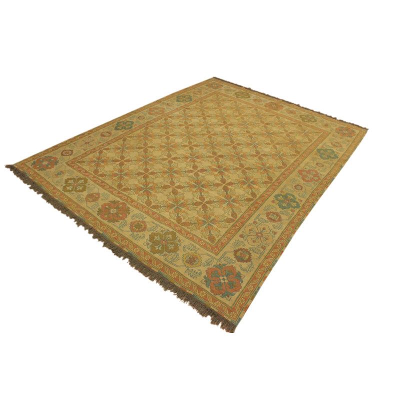 Tapis vert / brun clair en laine noué à la main 7 pi 6 po x 10 pi 3 po Madea