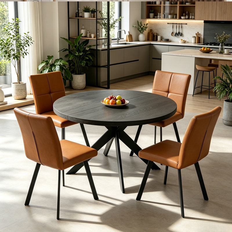 45.3"  Round Dining Table Set For 4, Extendable Wood Table With Faux Leather Chairs, Modern Kitchen Dining Room Set, Black